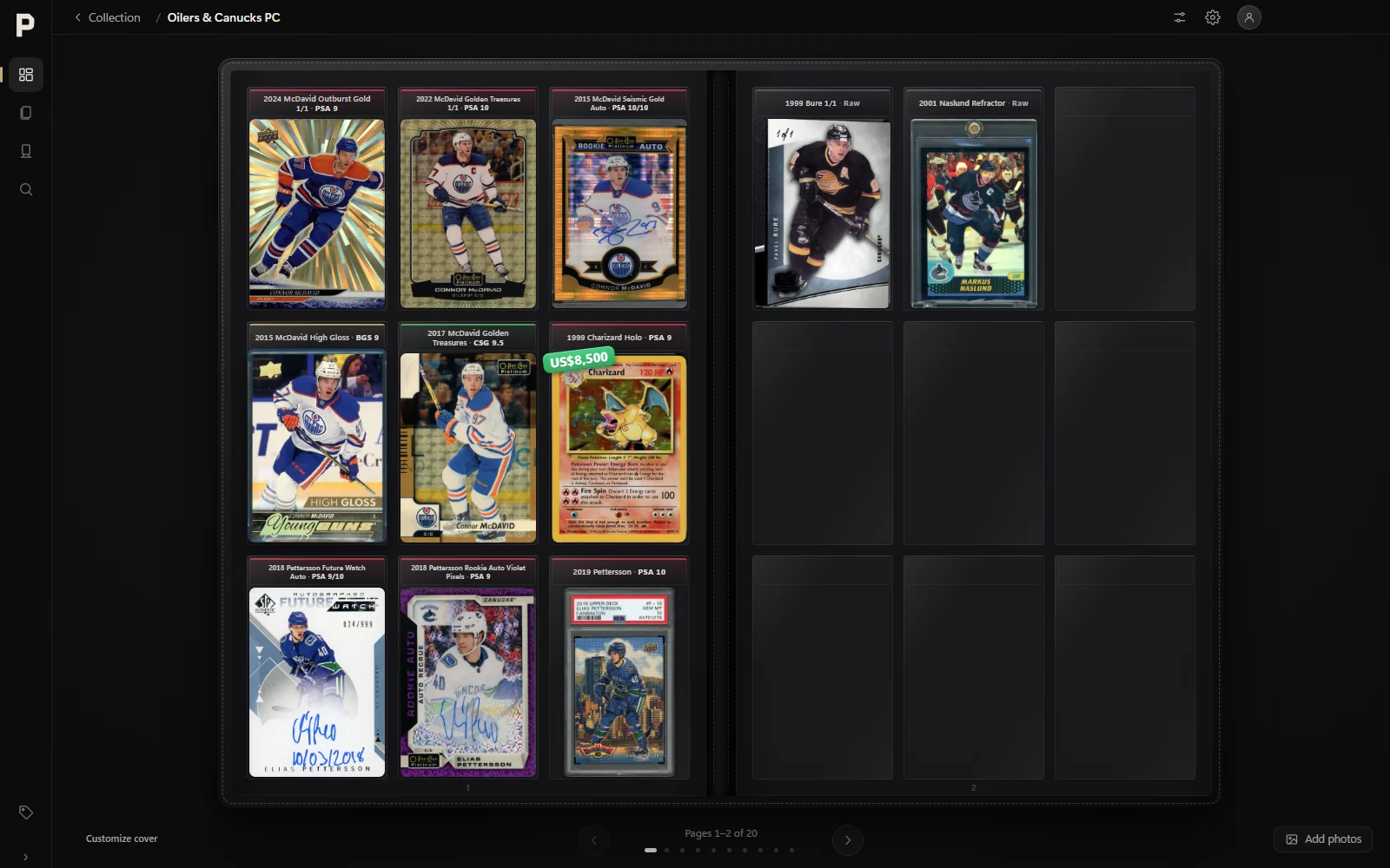 A binder open in Panoply, showing two pages of graded and raw cards