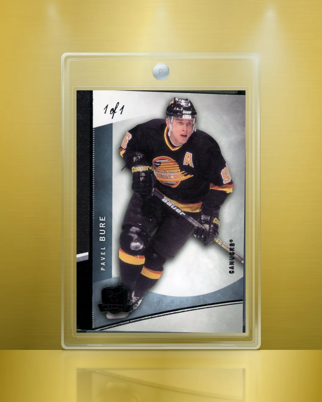 A raw Pavel Bure 1/1 in a one-touch on a gold Vault background