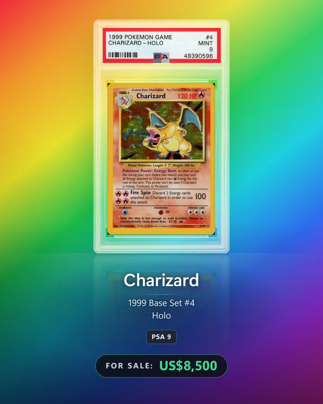 A PSA 9 Charizard for sale on a rainbow Aurora background